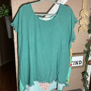Umgee Teal Linen Floral Back High Low Top Women’s Size XL